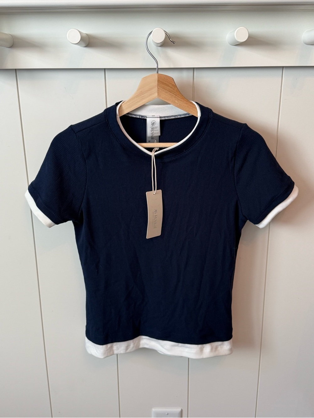 Navy Short Sleeve Ringer Tee with White Trim - Women
